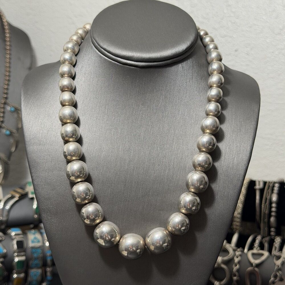 Vintage Taxco Mexico 20” Inches Beaded Sterling Silver Necklace